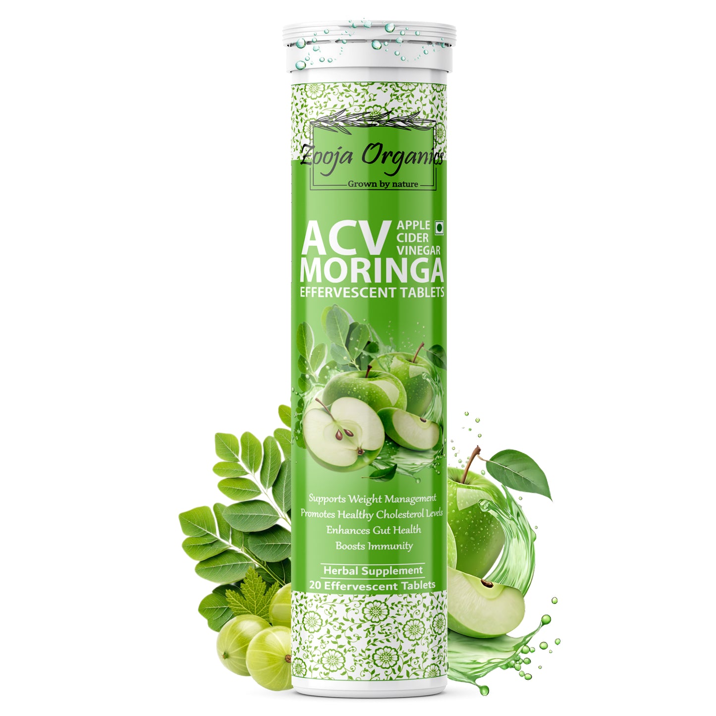 Zooja Organics ACV Moringa Effervesent Tablets | Apple Cider Vinegar with Moringa | Herbal Supplement for Weight Management & Immunity | 20 Tablets