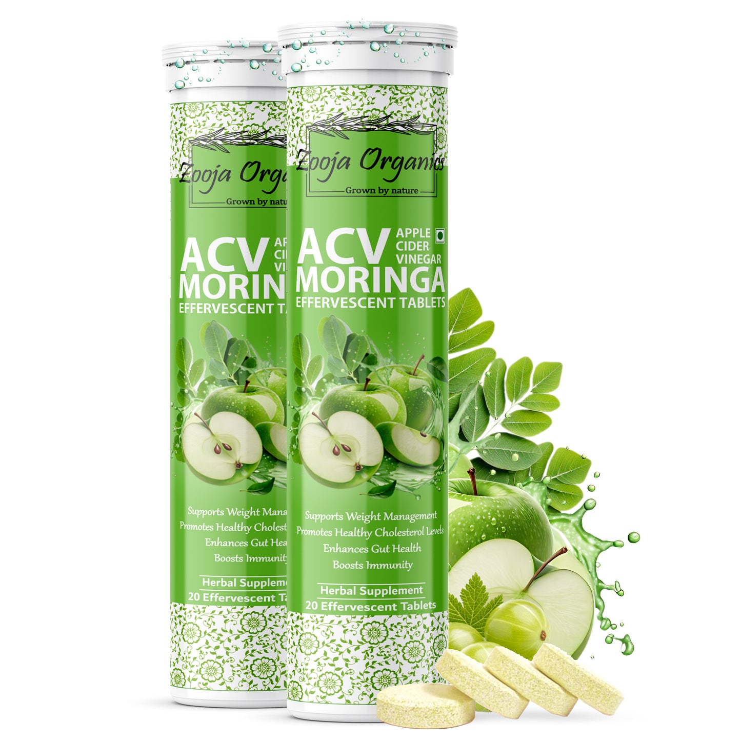 Zooja Organics ACV Moringa Effervesent Tablets | Apple Cider Vinegar with Moringa | Herbal Supplement for Weight Management & Immunity | 20 Tablets