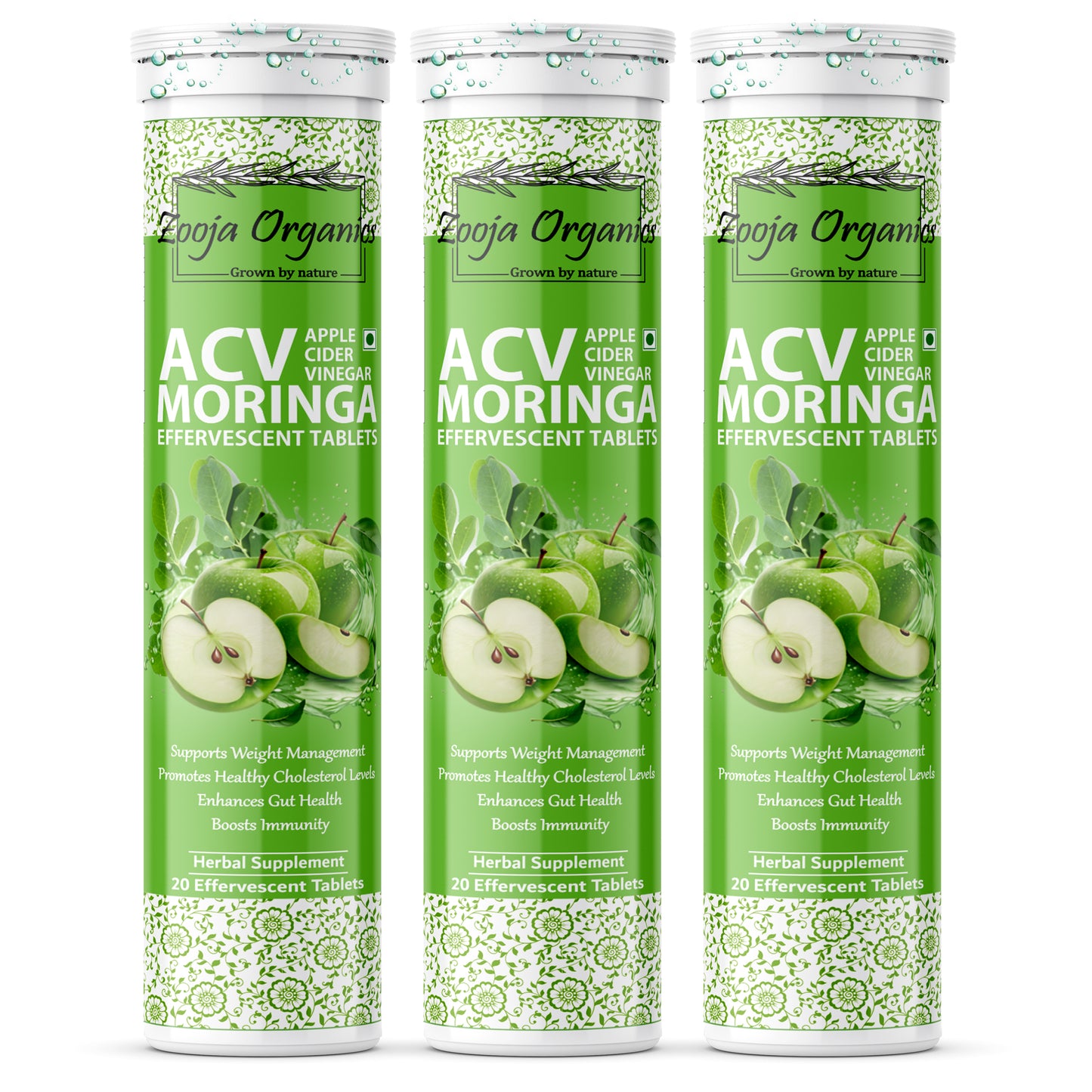 Zooja Organics ACV Moringa Effervesent Tablets | Apple Cider Vinegar with Moringa | Herbal Supplement for Weight Management & Immunity | 20 Tablets
