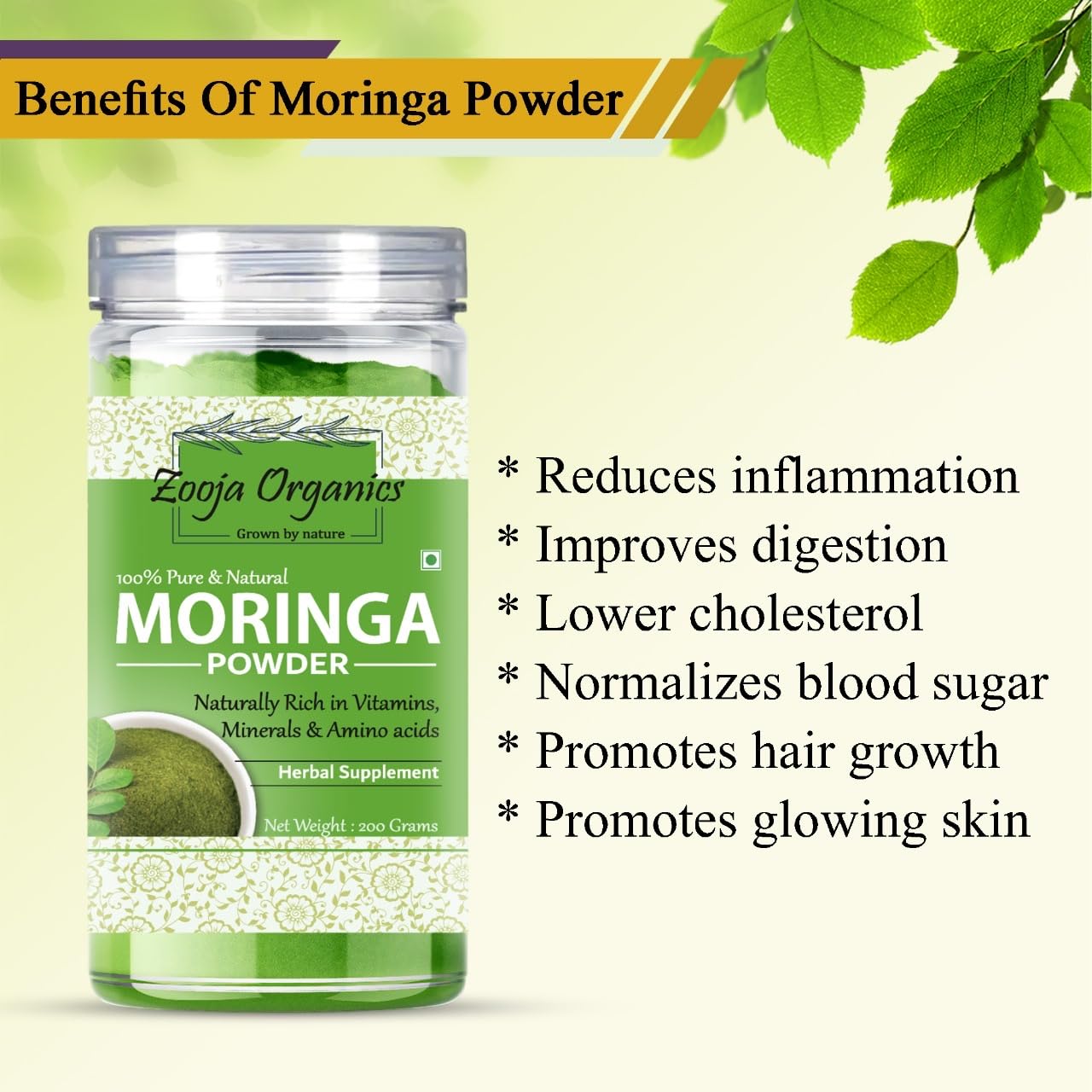 Zooja Organics Moringa Powder | 100% Pure & Natural Herbal Supplement | Rich in Vitamins, Minerals & Amino Acids | 300g