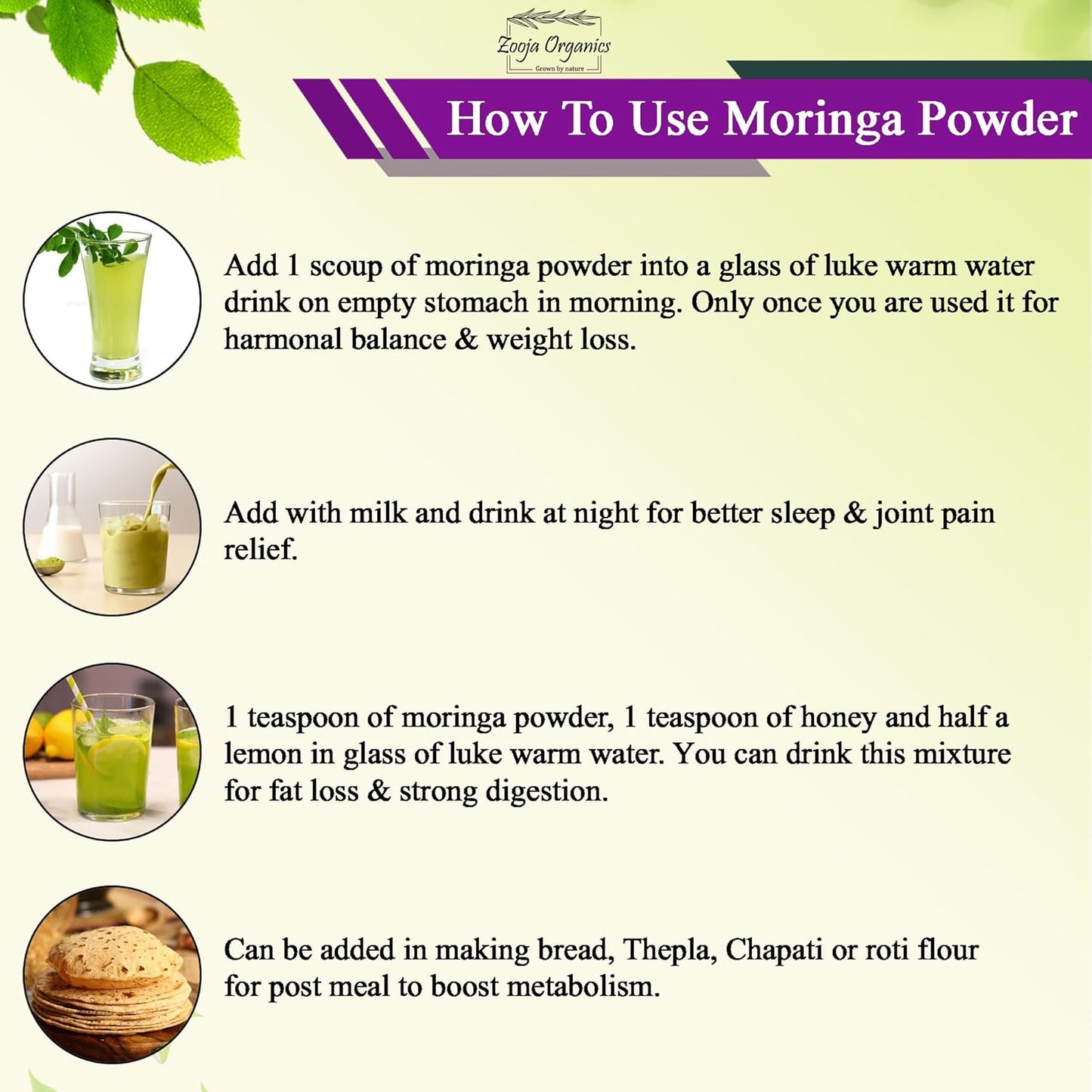 Zooja Organics Moringa Powder | 100% Pure & Natural Herbal Supplement | Rich in Vitamins, Minerals & Amino Acids | 300g