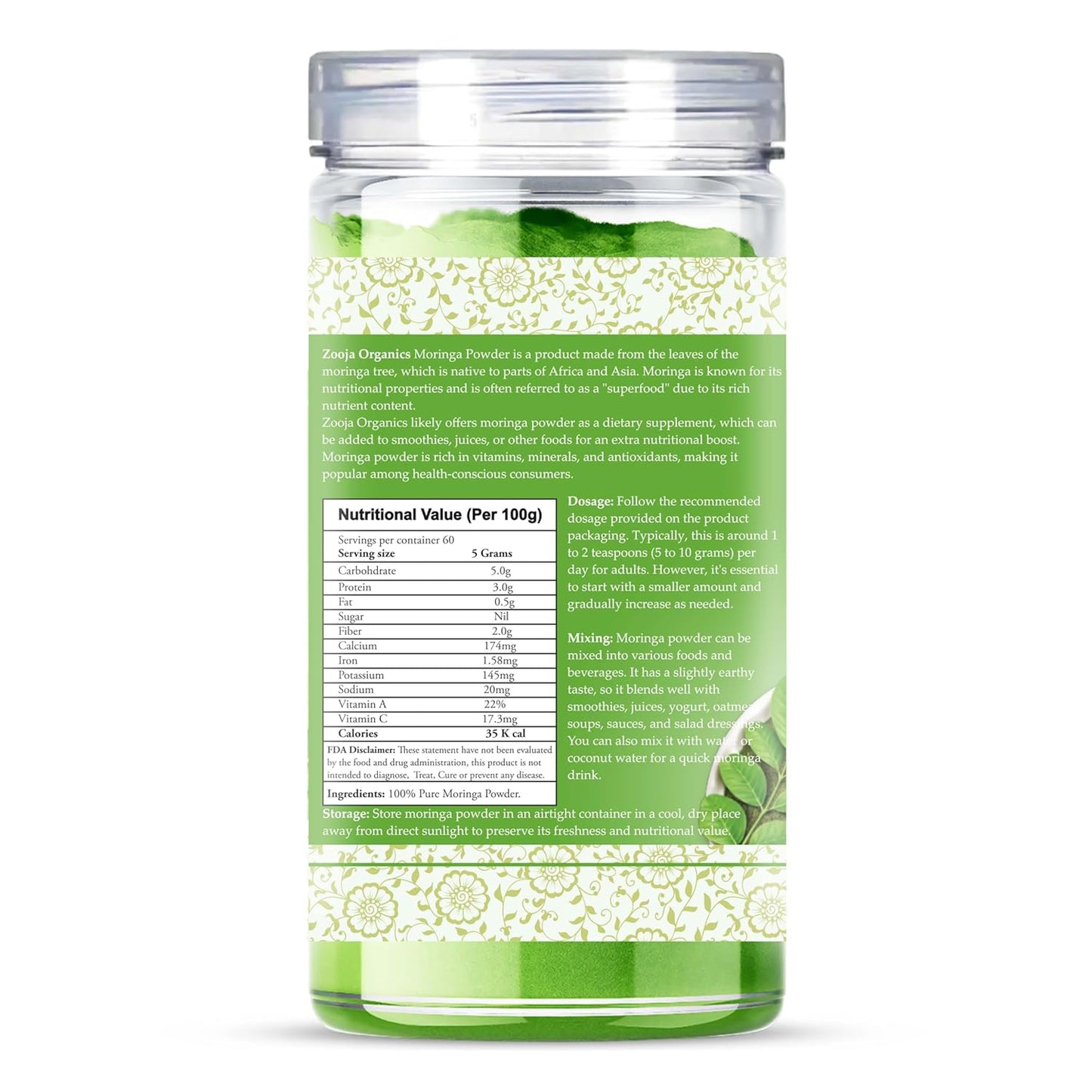 Zooja Organics Moringa Powder | 100% Pure & Natural Herbal Supplement | Rich in Vitamins, Minerals & Amino Acids | 300g