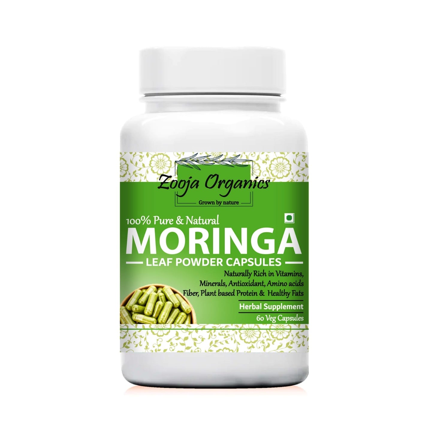 Zooja Organics Moringa Leaf Powder Capsules | 100% Pure & Natural | Rich in Vitamins, Minerals, Antioxidants & Amino Acids | Herbal Supplement – 60 Veg Capsules