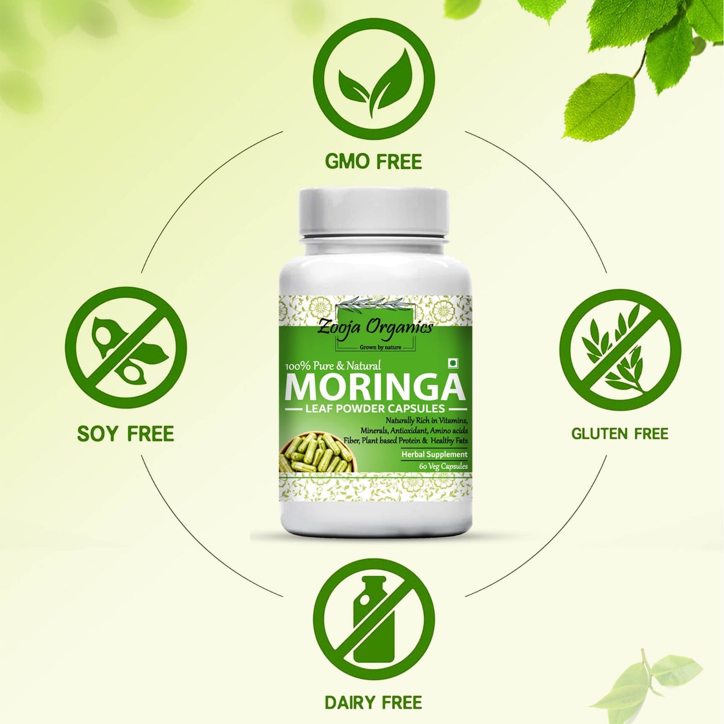 Zooja Organics Moringa Leaf Powder Capsules | 100% Pure & Natural | Rich in Vitamins, Minerals, Antioxidants & Amino Acids | Herbal Supplement – 60 Veg Capsules
