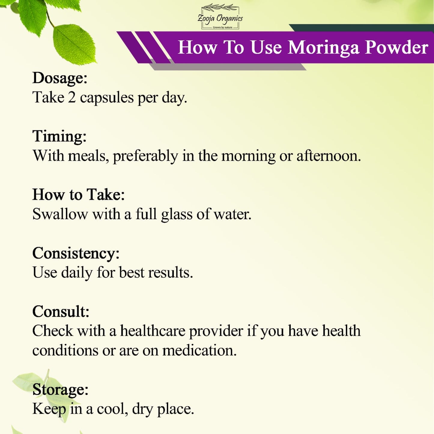 Zooja Organics Moringa Leaf Powder Capsules | 100% Pure & Natural | Rich in Vitamins, Minerals, Antioxidants & Amino Acids | Herbal Supplement – 60 Veg Capsules