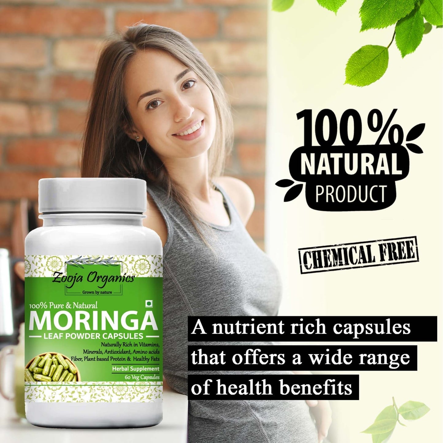 Zooja Organics Moringa Leaf Powder Capsules | 100% Pure & Natural | Rich in Vitamins, Minerals, Antioxidants & Amino Acids | Herbal Supplement – 60 Veg Capsules