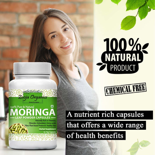 Zooja Organics Moringa Leaf Powder Capsules | 100% Pure & Natural | Rich in Vitamins, Minerals, Antioxidants & Amino Acids | Herbal Supplement – 60 Veg Capsules